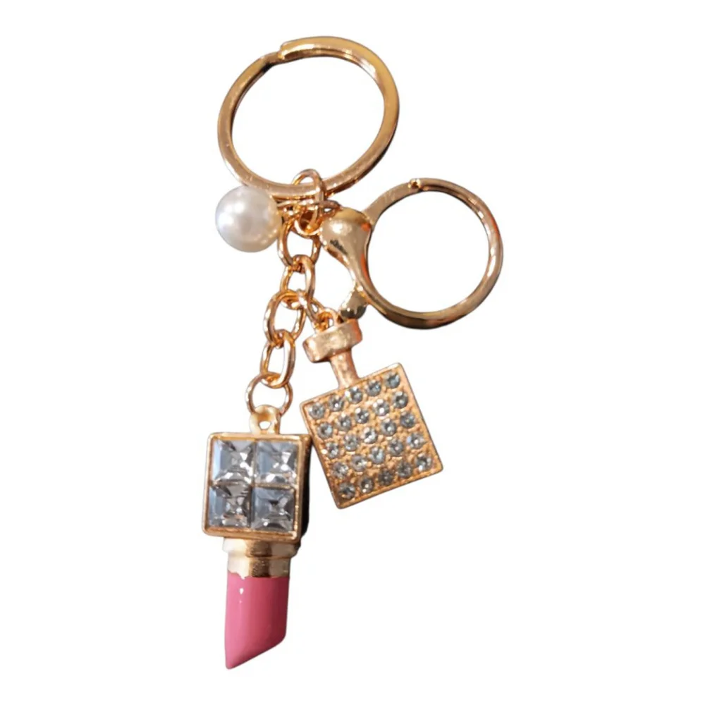 Lipstick, Perfume Bottle, Pearl Rhinestone Purse Charm Keychain in Pink Bling